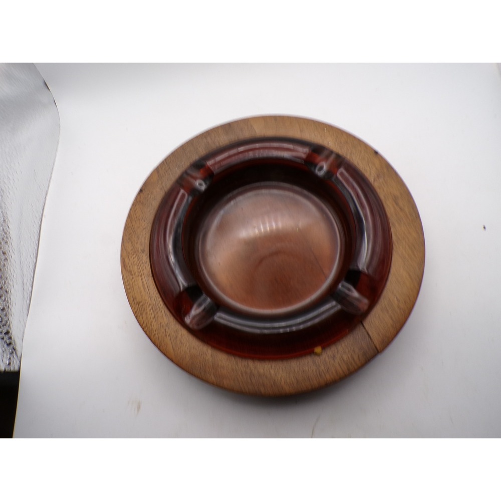 Vintage Wood and Amber Glass Ashtray Tabletop Decor Desk Accessory Holder MCM